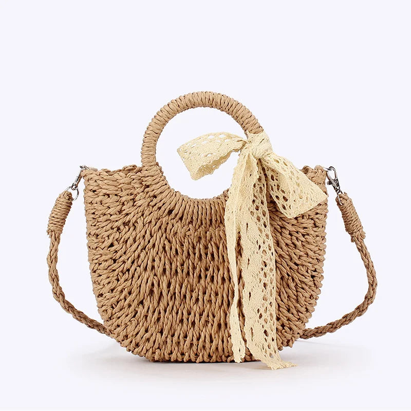 Luxury Lace Bow Straw Bag