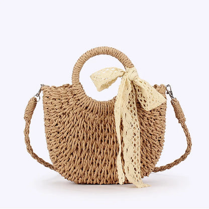 Luxury Lace Bow Straw Bag