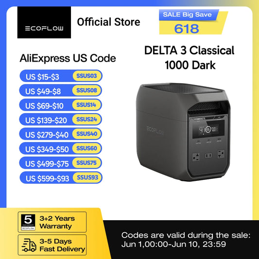 EcoFlow DELTA 3 1000Wh Portable Power Station - Fast Charging Solar Generator