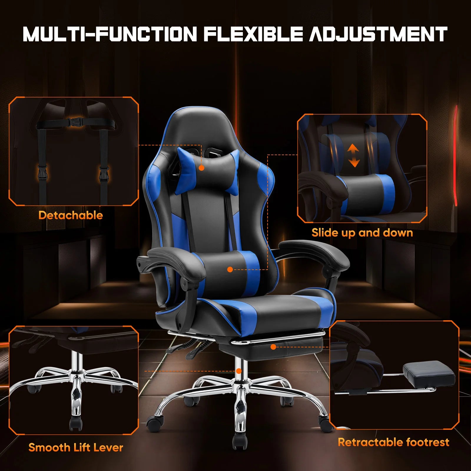 Ergonomic Racing Gaming Chair - Adjustable PU Leather Office Computer Chair - 4