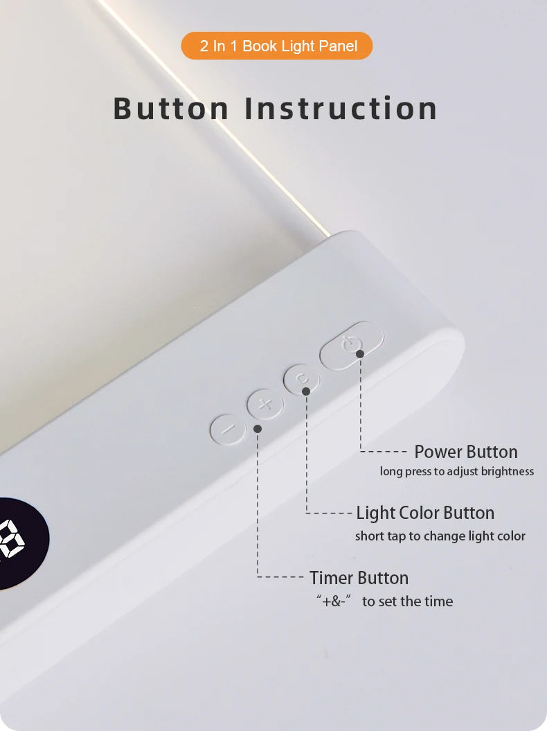 Flat Panel LED Book Reading Light - Rechargeable Eye-Caring Night Light with Timer