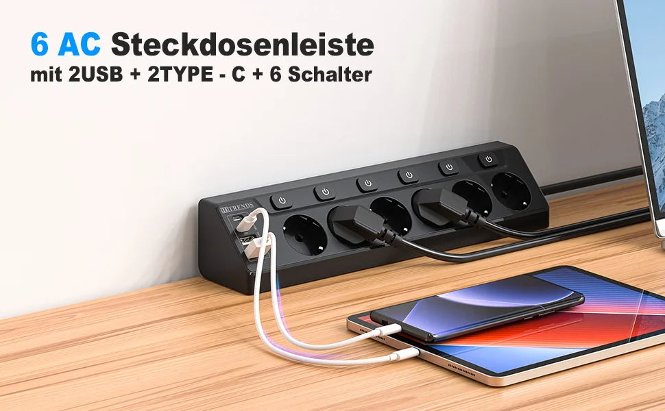 6-Outlet European Power Strip with 4 USB Fast Charging Ports & 2m Cord