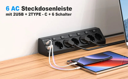 6-Outlet European Power Strip with 4 USB Fast Charging Ports & 2m Cord