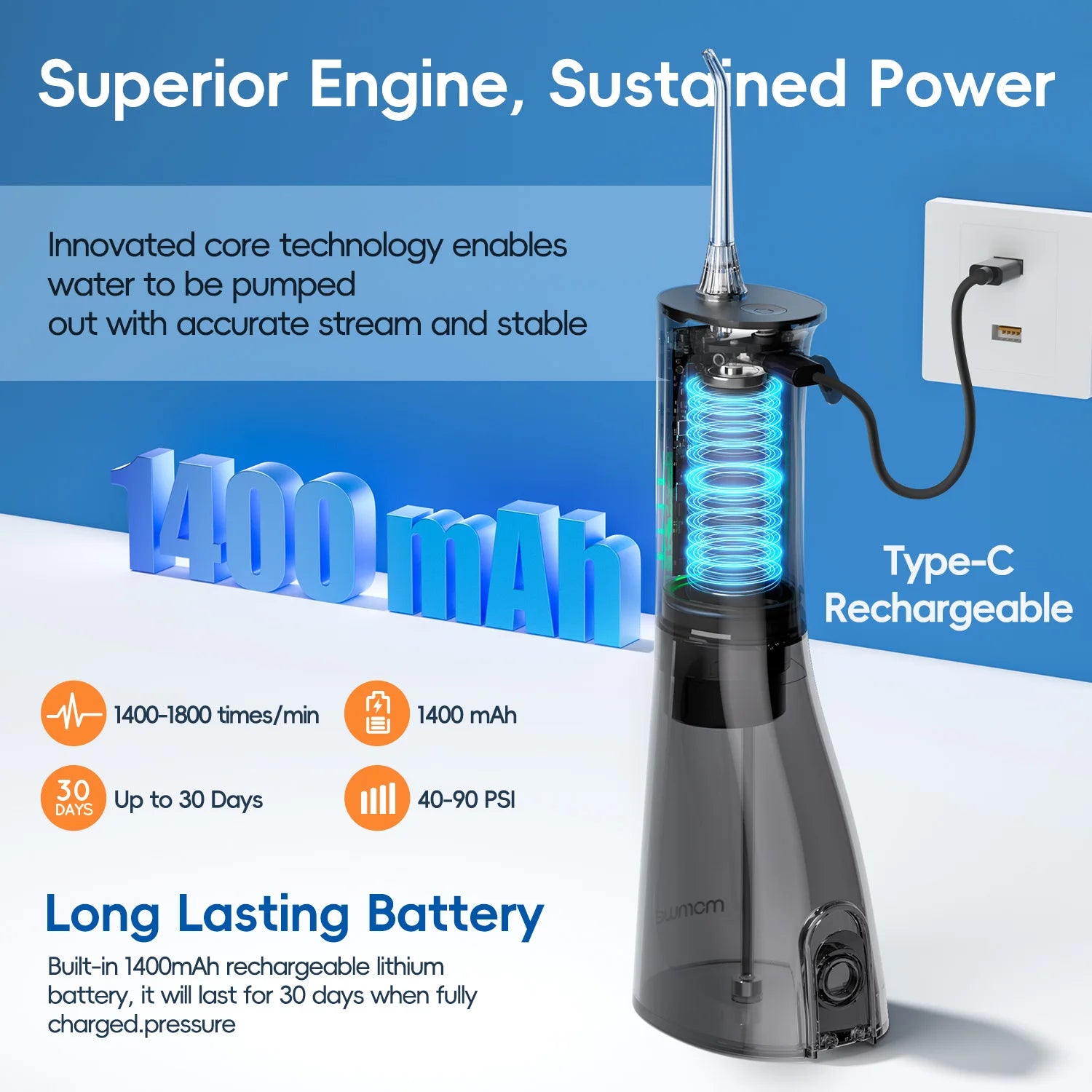 Portable Cordless Water Flosser - Rechargeable Electric Oral Irrigator with 300ml Tank - 3