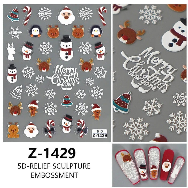 3D Christmas Nail Art Stickers - Festive Snowman & Snowflake Manicure Decals