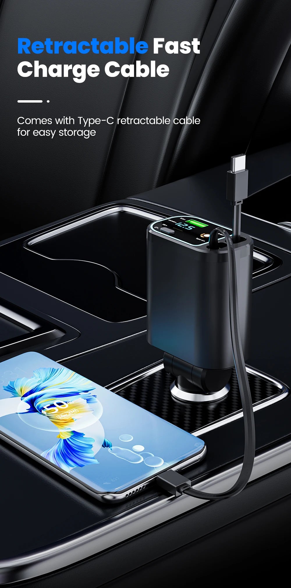 4-in-1 Retractable 100W Fast Car Charger with LED Starlight & Display - 8