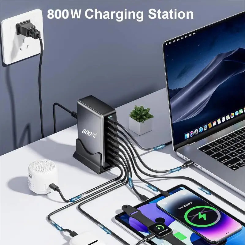 800W 10-Port GaN Fast Charging Station for iPhone, Samsung, and MacBook