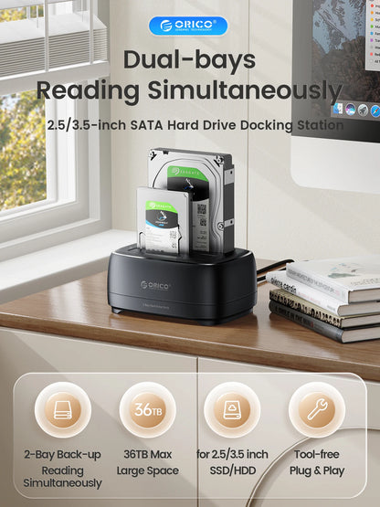 Dual-Bay HDD/SSD Docking Station 36TB USB 3.0 Type-C External Hard Drive Case