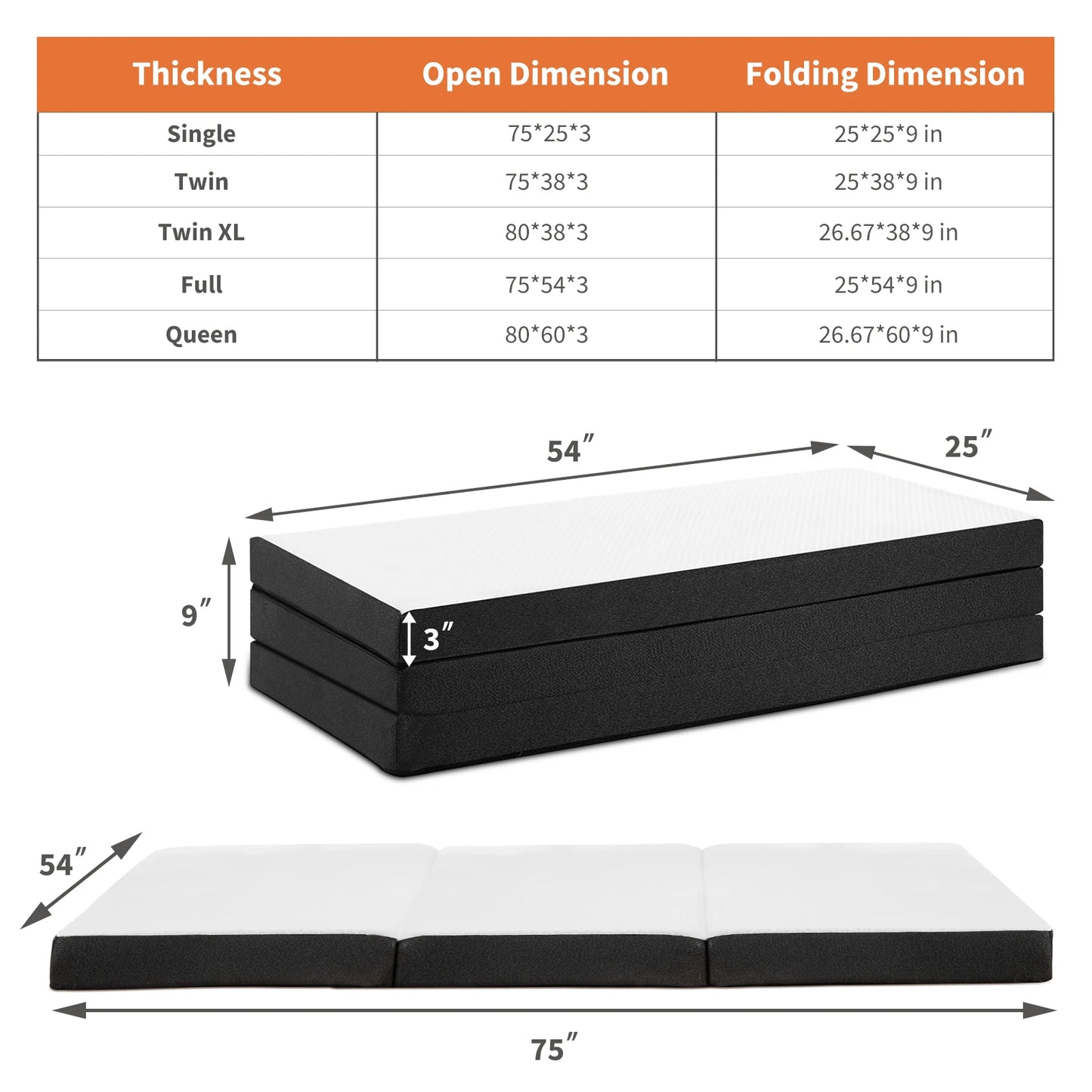Portable Tri-Fold Memory Foam Mattress - Foldable Floor Bed for Guest & Travel