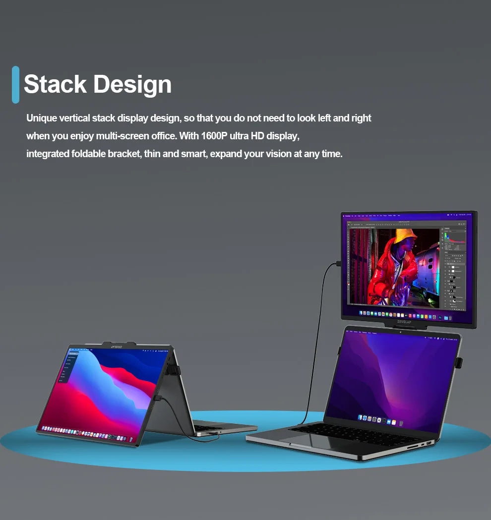 16" QHD Stackable Portable Monitor - Dual Screen Laptop Display 2560x1600 - 10