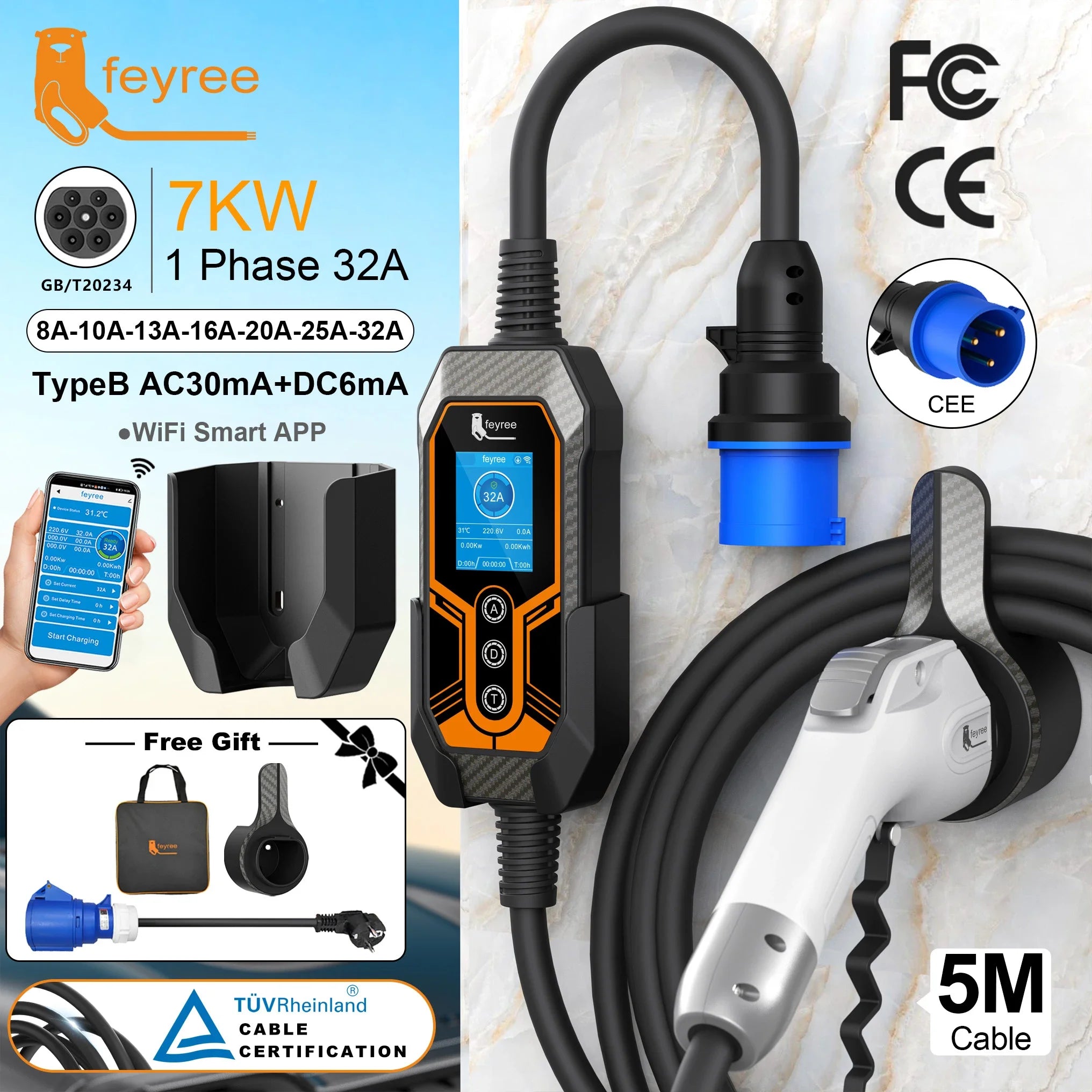 7KW Portable EV Charger - Adjustable 32A Type 2 Electric Vehicle Charging Box - 1