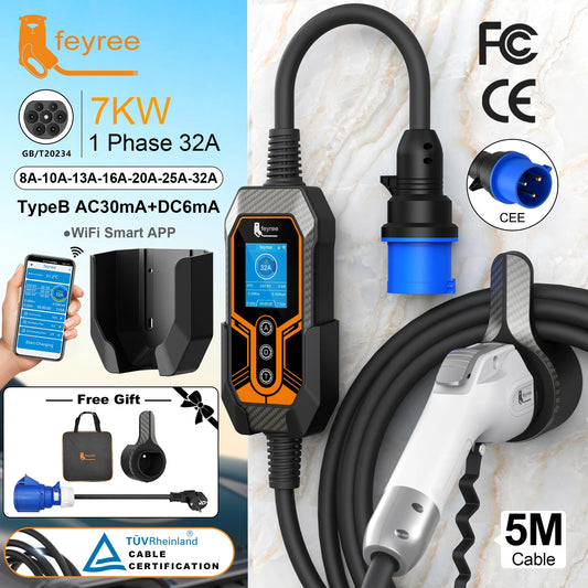 7KW Portable EV Charger - Adjustable 32A Type 2 Electric Vehicle Charging Box