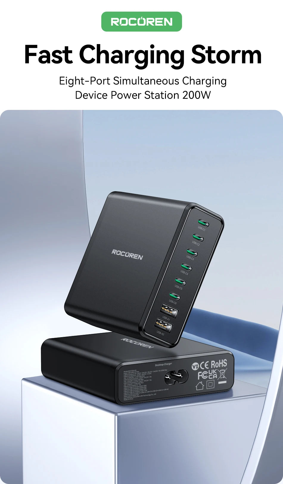 200W 8-Port USB-C Desktop Fast Charging Station for Laptops & Phones
