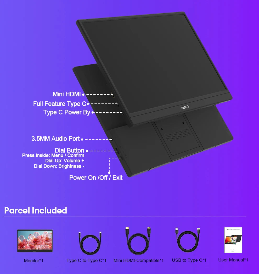 15.6" Full HD 1080P Portable Monitor - Slim IPS Display for Laptop & Gaming - 13