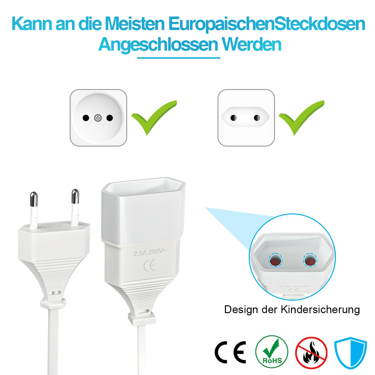 2pcs 1m Euro Plug Power Extension Cable - High-Quality 2.5A/250V Cord - 10