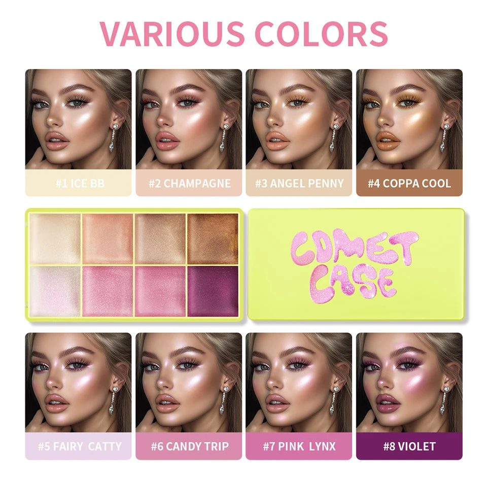 8-Color Cream Blush & Highlighter Palette | Long-Lasting Glow