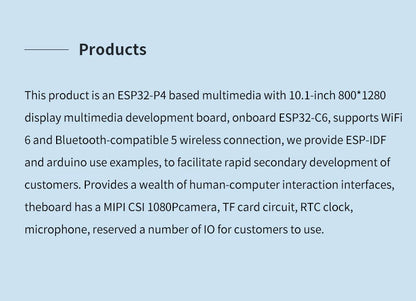 ESP32P4 10.1 Inch Development Board 1280x800 TFT Display WiFi & Bluetooth