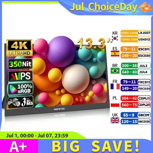 13.3" 4K Portable Monitor - Ultra-HD HDR Display for Laptop, PS5 & Xbox