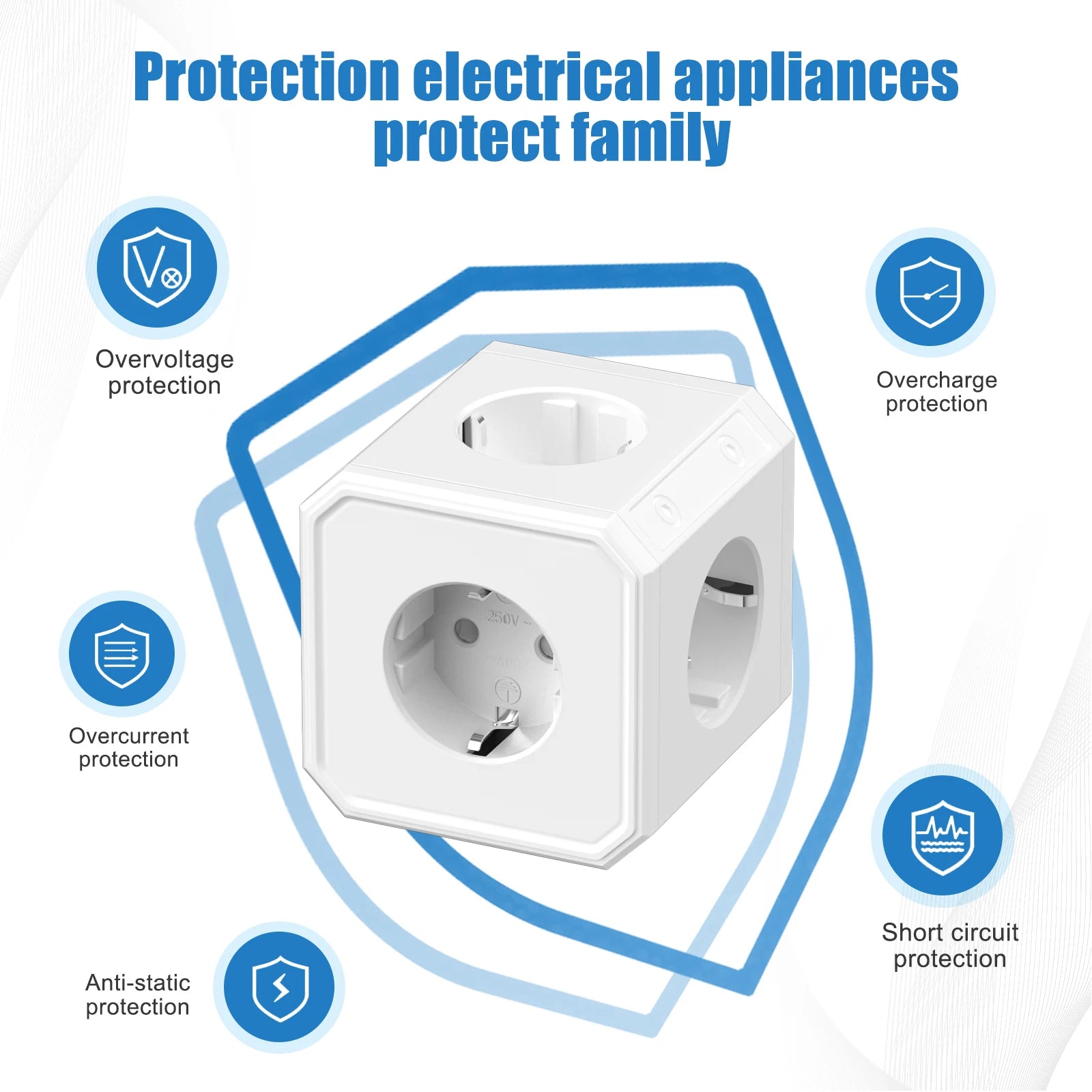 5-Way EU Socket Cube Adapter - 4000W Wall Outlet Extender with Surge Protection - 3