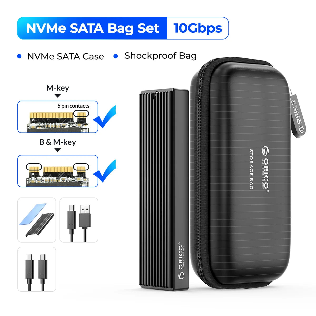 ORICO M.2 NVMe SATA SSD Enclosure - 10Gbps Portable External Drive Case