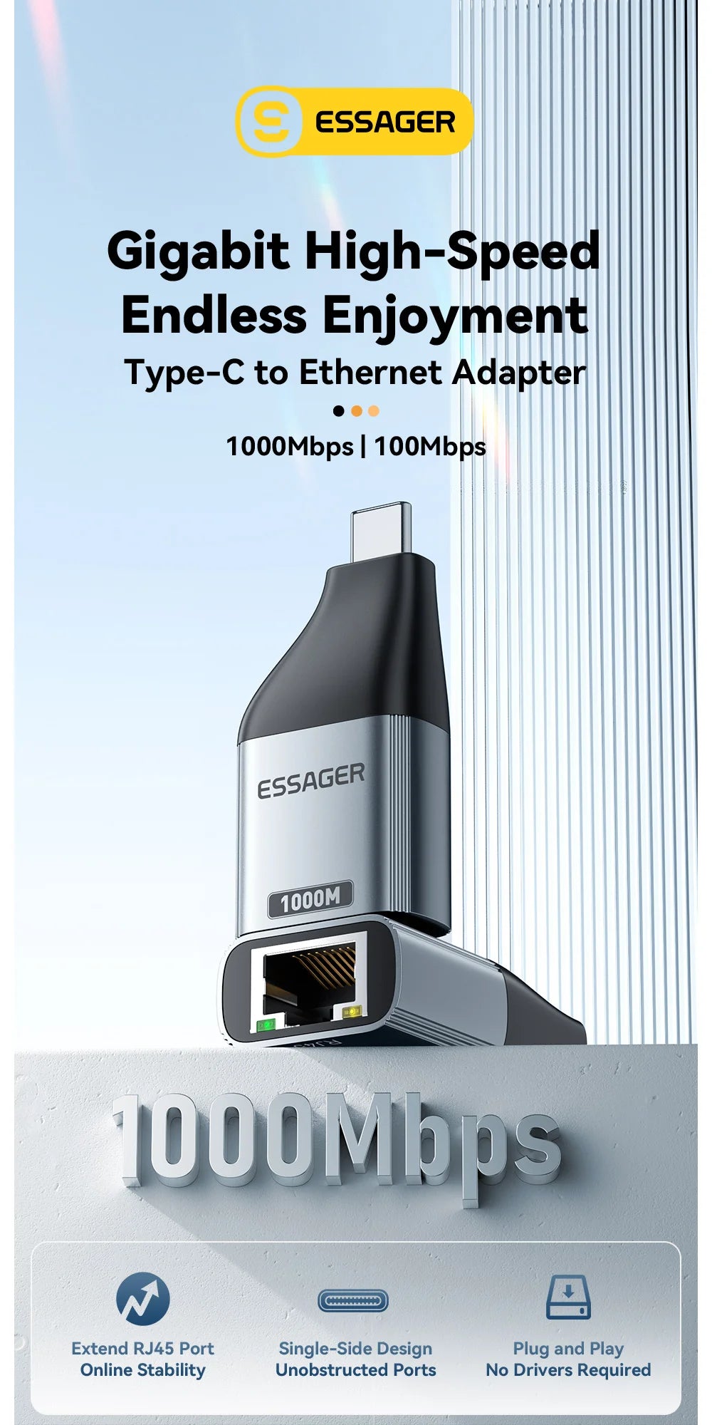 USB-C to Gigabit Ethernet Adapter - High-Speed RJ45 Wired Network Converter - 7