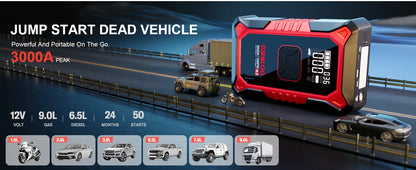 3000A Car Jump Starter with Portable Air Compressor & Emergency Power Bank