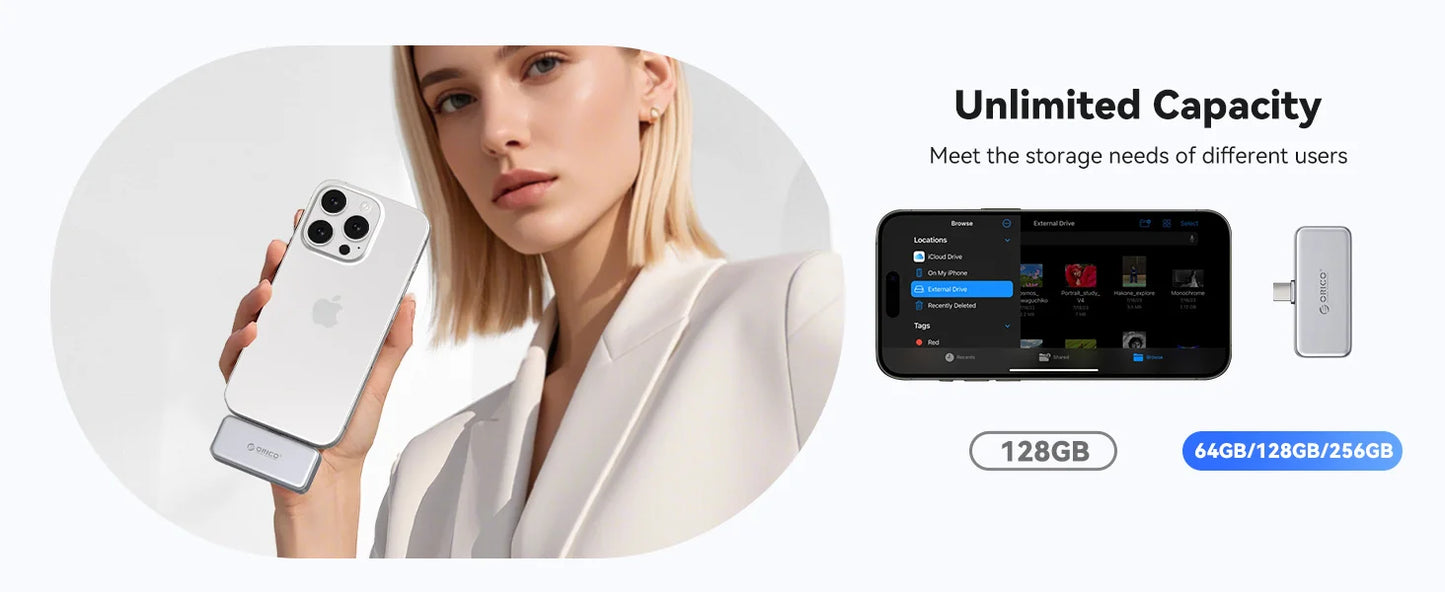 ORICO Mini Portable SSD 256GB - PD 100W Fast Charging for iPhone & Mac