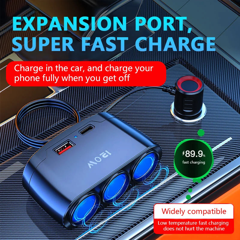 120W 3-Way Car Cigarette Lighter Splitter with USB & PD Fast Charging