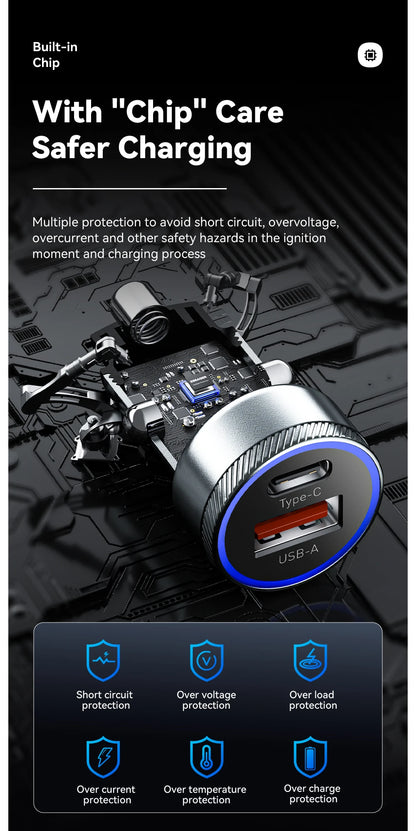 Essager 54W Dual Port Fast Car Charger - USB-C & USB-A PD/QC 3.0 Adapter