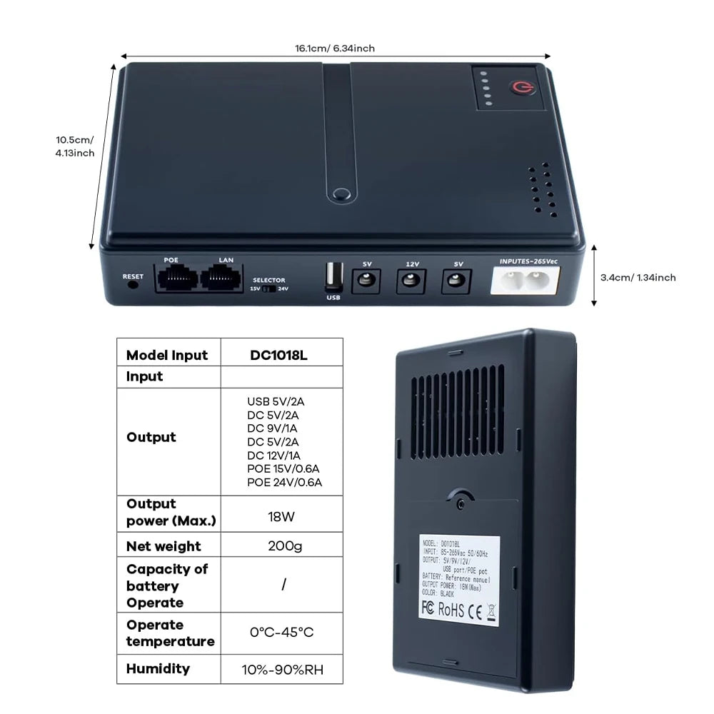 Mini DC UPS Battery Backup for Routers, Modems & Cameras 5V/9V/12V - 4