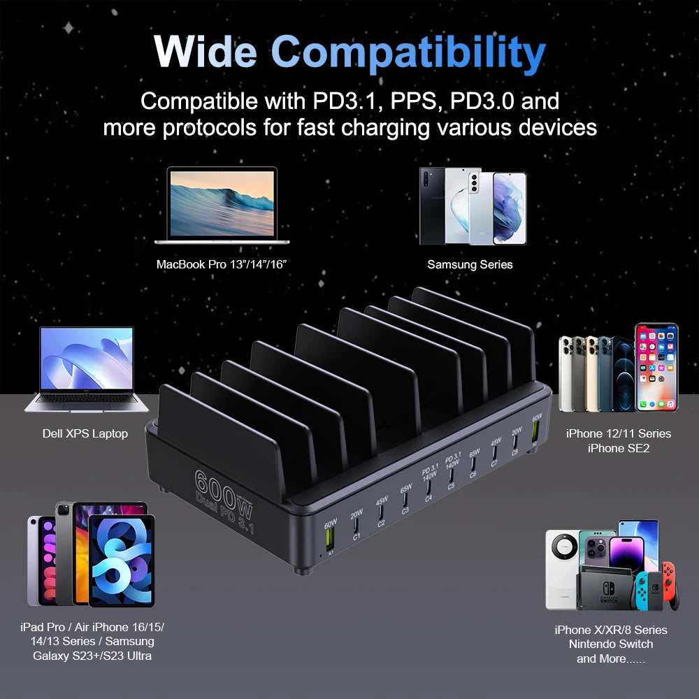 600W 10-Port GaN Desktop Charging Station - Fast PD 3.1 USB-C Charger