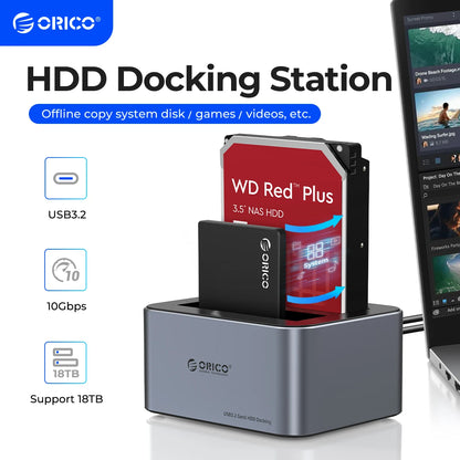 ORICO Dual-Bay Hard Drive Docking Station, 10Gbps Type-C for 2.5/3.5" HDD/SSD