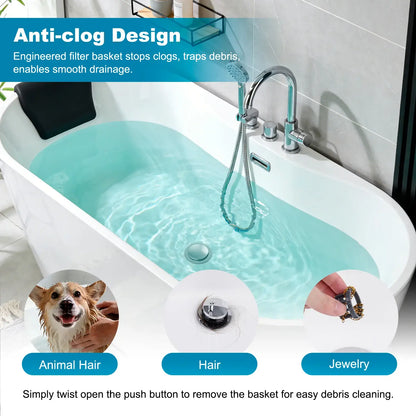 3-in-1 Bathtub Drain Stopper & Hair Catcher - Universal Chrome Tub Strainer Plug