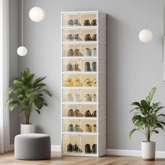9-Tier Foldable Shoe Rack Organizer - Portable Clear Magnetic Door Storage Cabinet