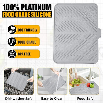 Large Silicone Dish Drying Mat – Heat Resistant Kitchen Counter Drainer Tray
