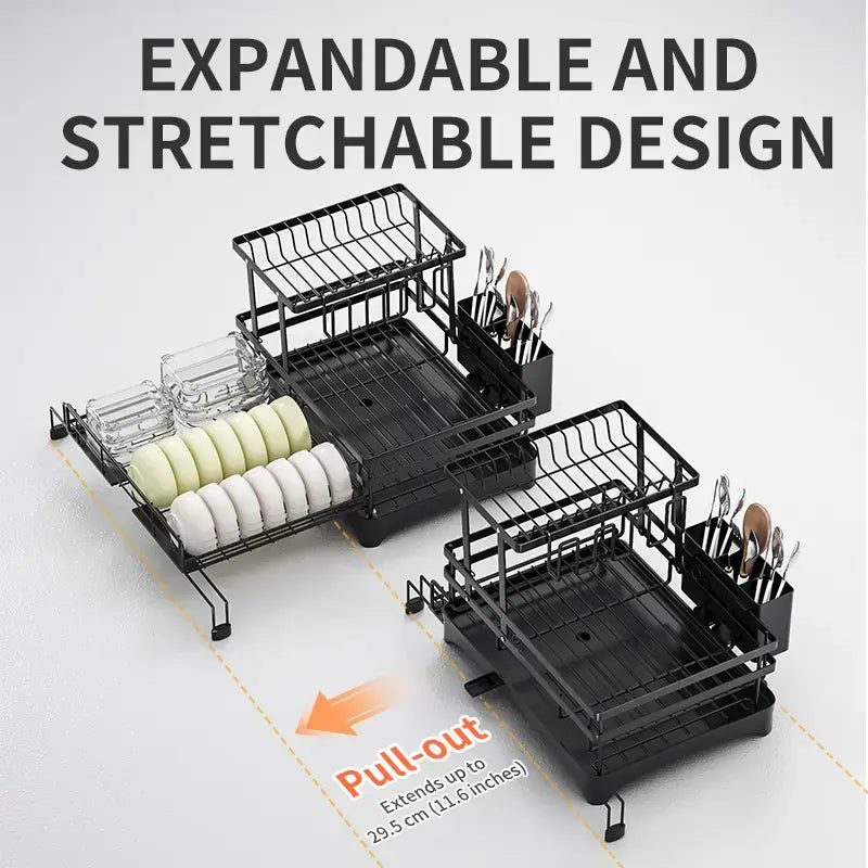 Foldable 2-Tier Dish Drying Rack - Expandable Over-Sink Dish Drainer for Small Kitchens