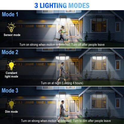 Solar Powered 2500LM 3-Head Motion Sensor Security Spotlight - IP65 Waterproof