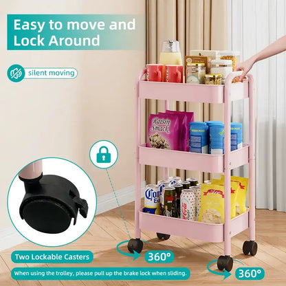 3-Tier Rolling Storage Cart with 6 Hooks - Heavy Duty Mobile Utility Organizer