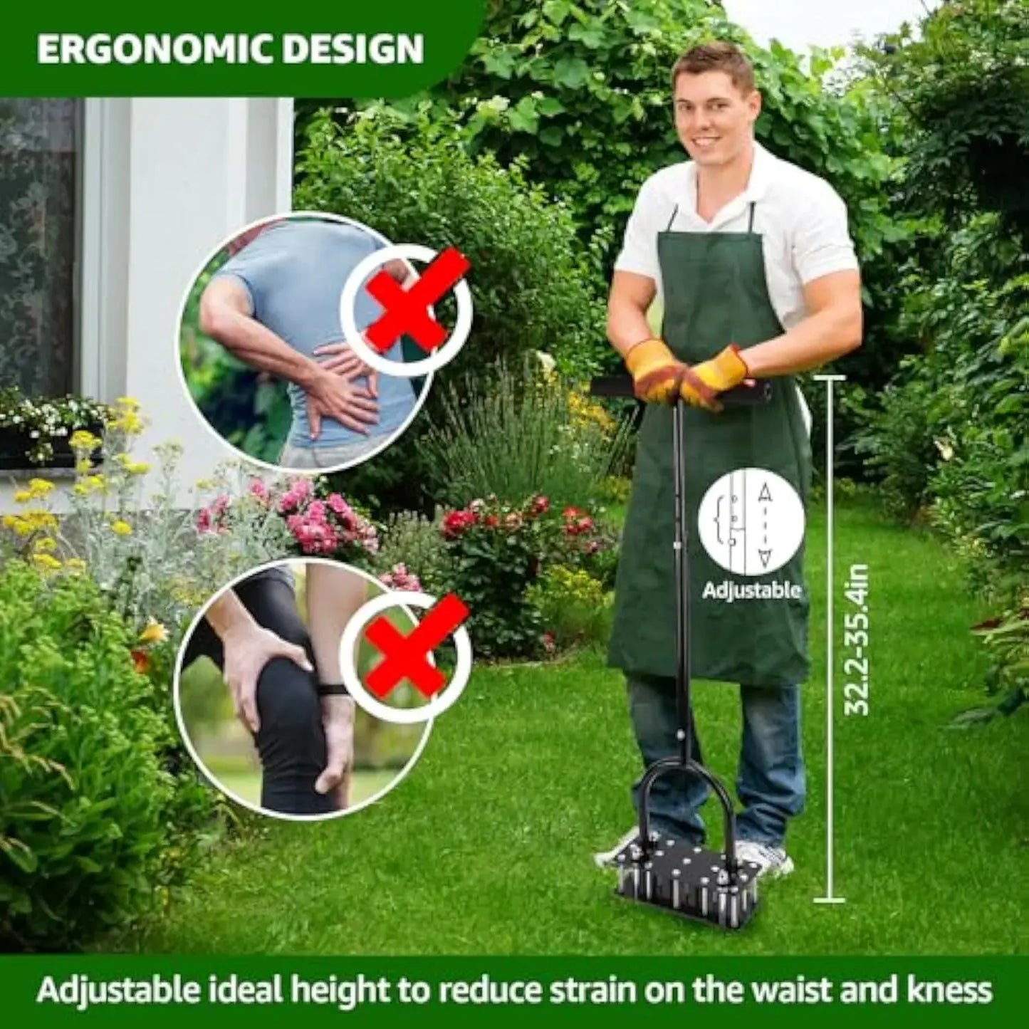 Heavy Duty Lawn Aerator with 15 Spikes - Adjustable Garden Soil Aerator Tool