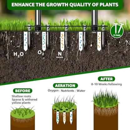 Heavy Duty Lawn Aerator with 15 Spikes - Adjustable Garden Soil Aerator Tool