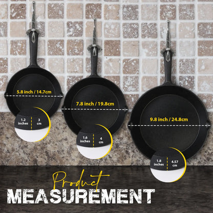3-Piece Pre-Seasoned Cast Iron Skillet Set - Durable 6", 8", & 10" Frying Pans