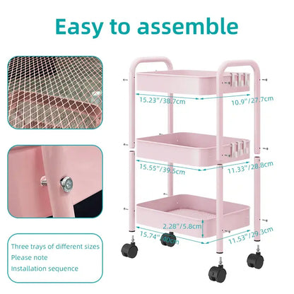 3-Tier Rolling Storage Cart with 6 Hooks - Heavy Duty Mobile Utility Organizer