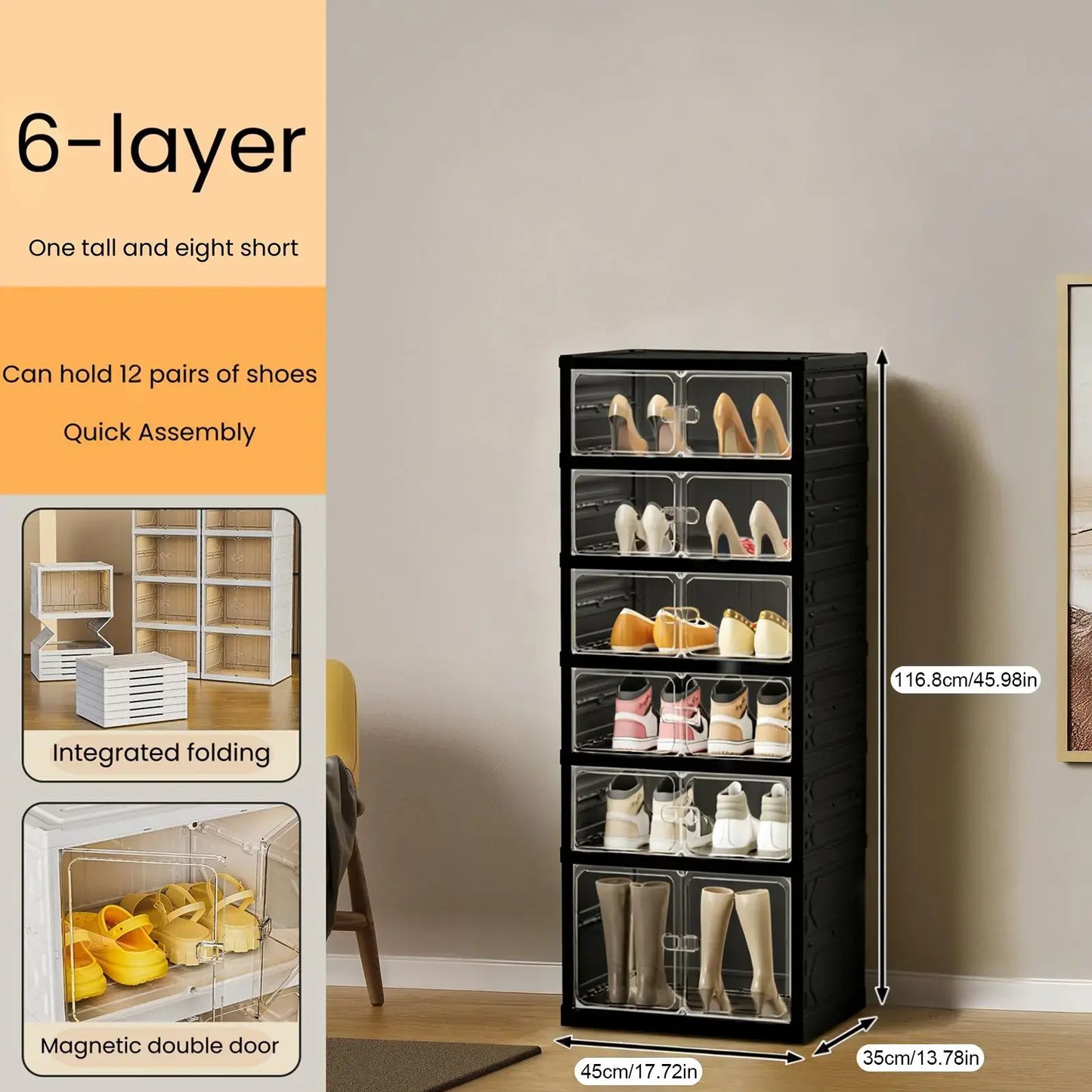 9-Tier Foldable Shoe Rack Organizer - Portable Clear Magnetic Door Storage Cabinet