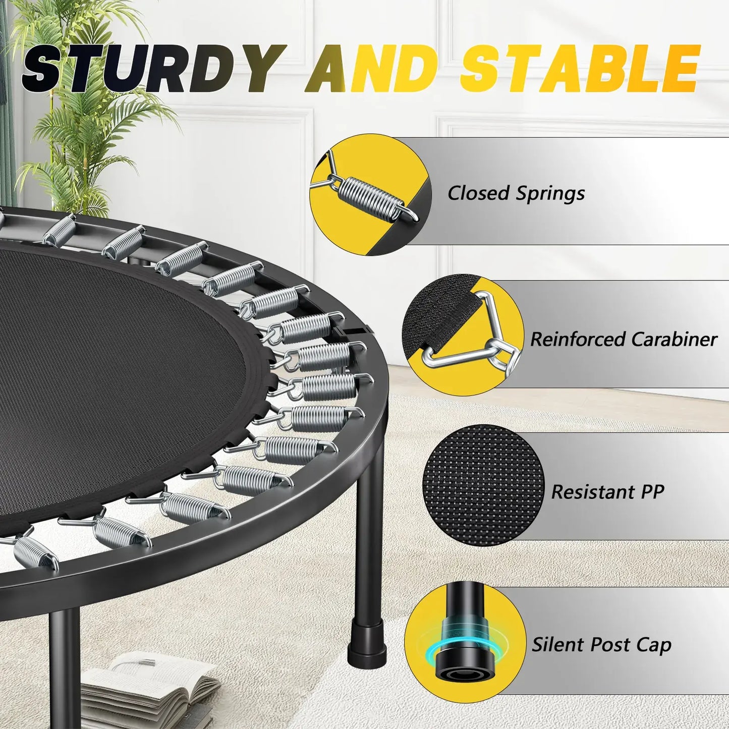 40" Foldable Fitness Mini Trampoline - Silent Rebounder with Adjustable Handle