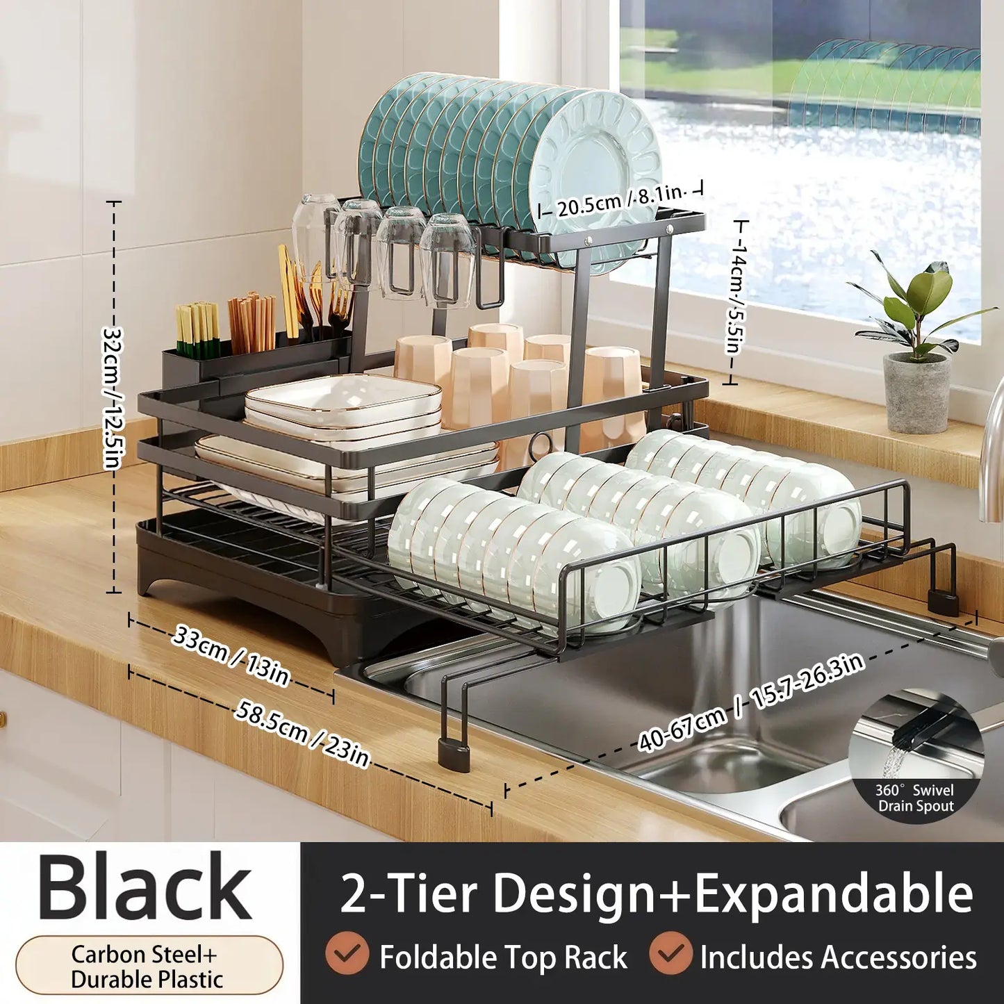 Foldable 2-Tier Dish Drying Rack - Expandable Over-Sink Dish Drainer for Small Kitchens