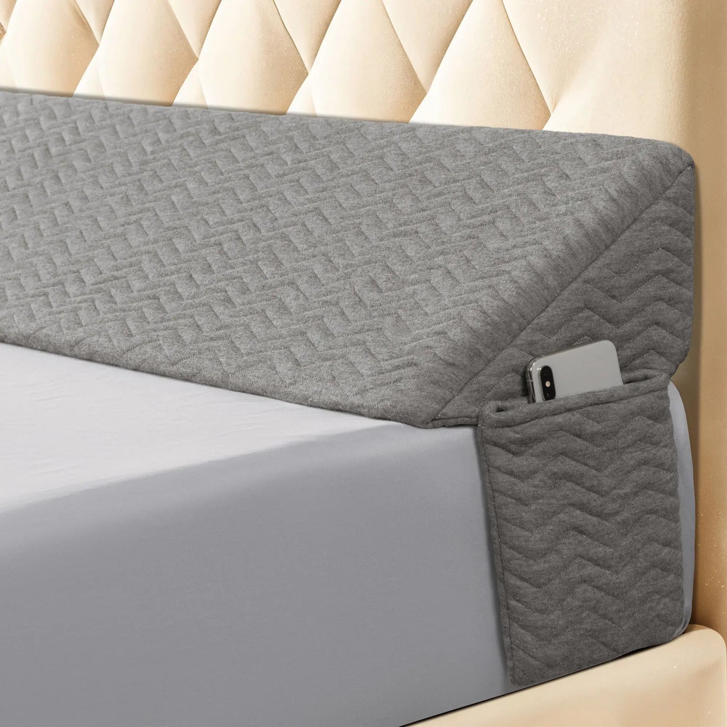 Bed Wedge Pillow Headboard Mattress Gap Filler with Side Storage Pockets