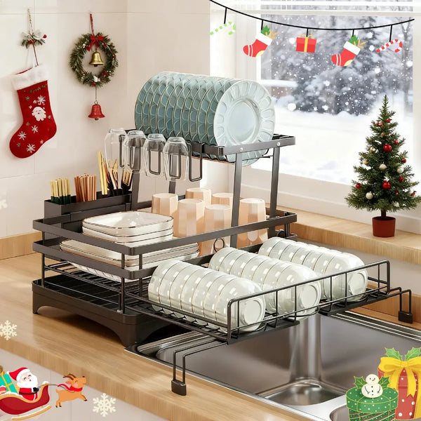 Foldable 2-Tier Dish Drying Rack - Expandable Over-Sink Dish Drainer for Small Kitchens