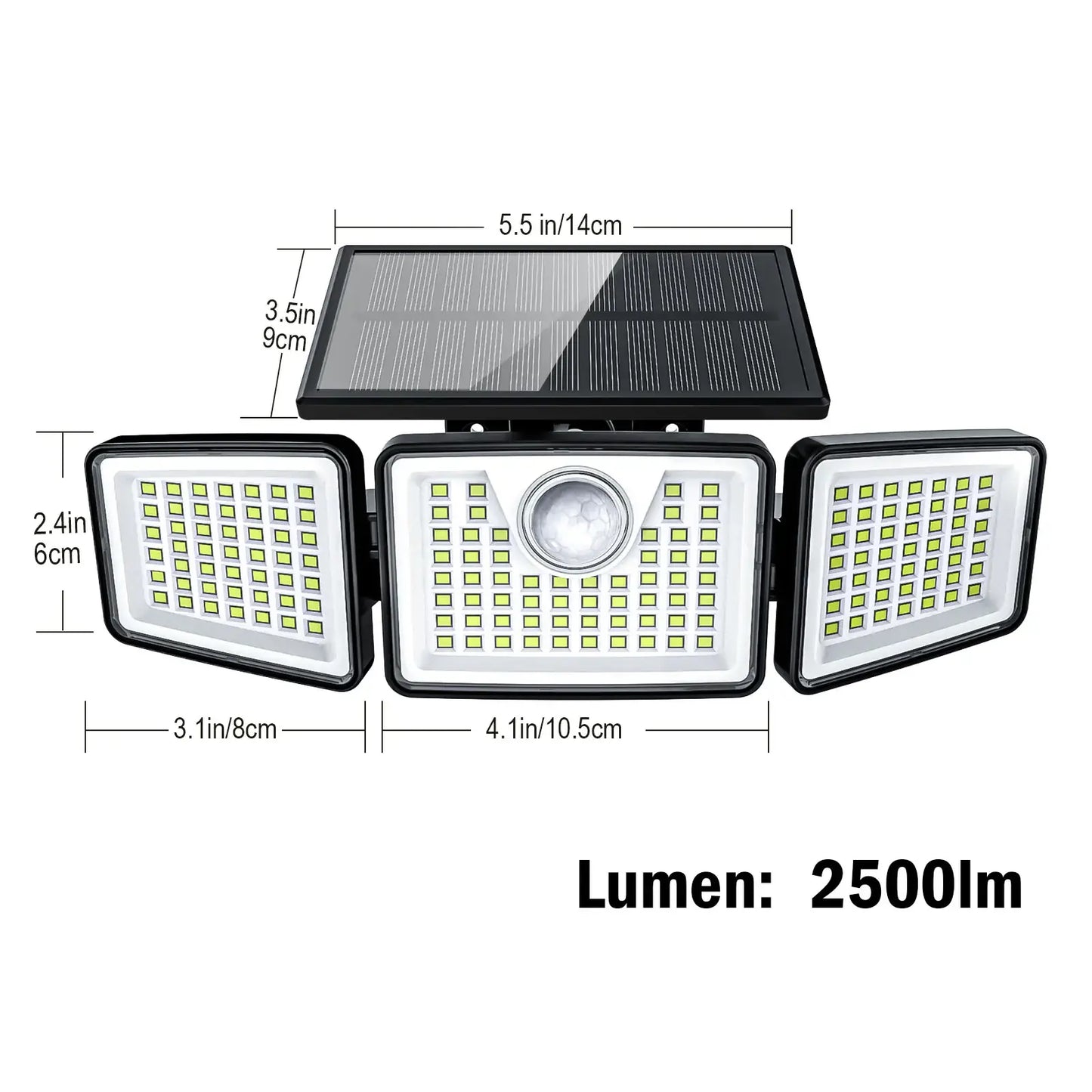 Solar Powered 2500LM 3-Head Motion Sensor Security Spotlight - IP65 Waterproof