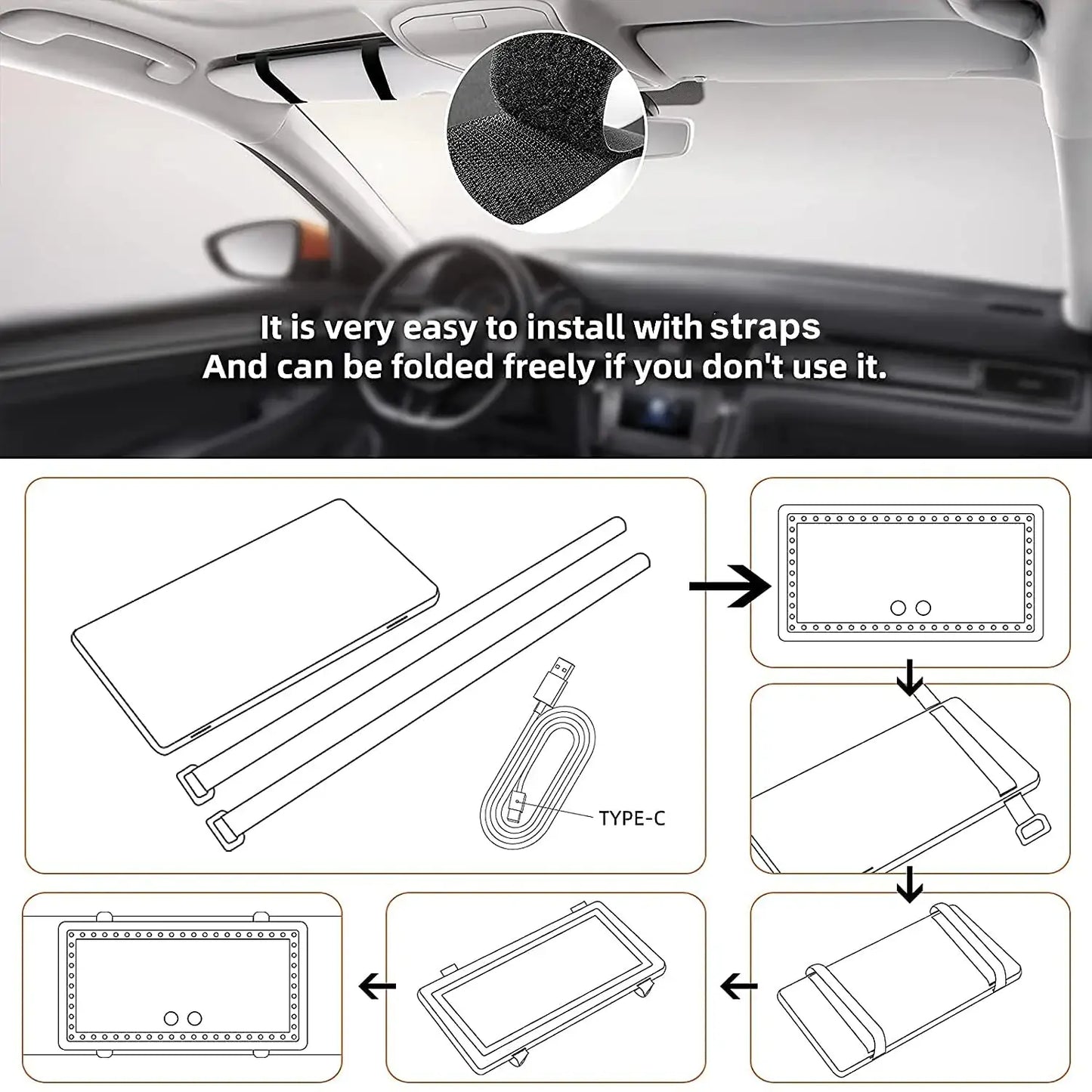 LED Car Sun Visor Vanity Mirror - USB Rechargeable Makeup Mirror with Dimmable Light