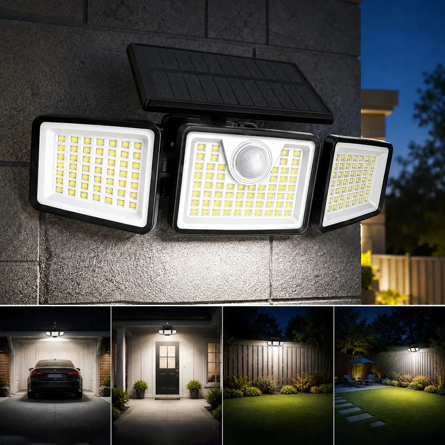 Solar Powered 2500LM 3-Head Motion Sensor Security Spotlight - IP65 Waterproof